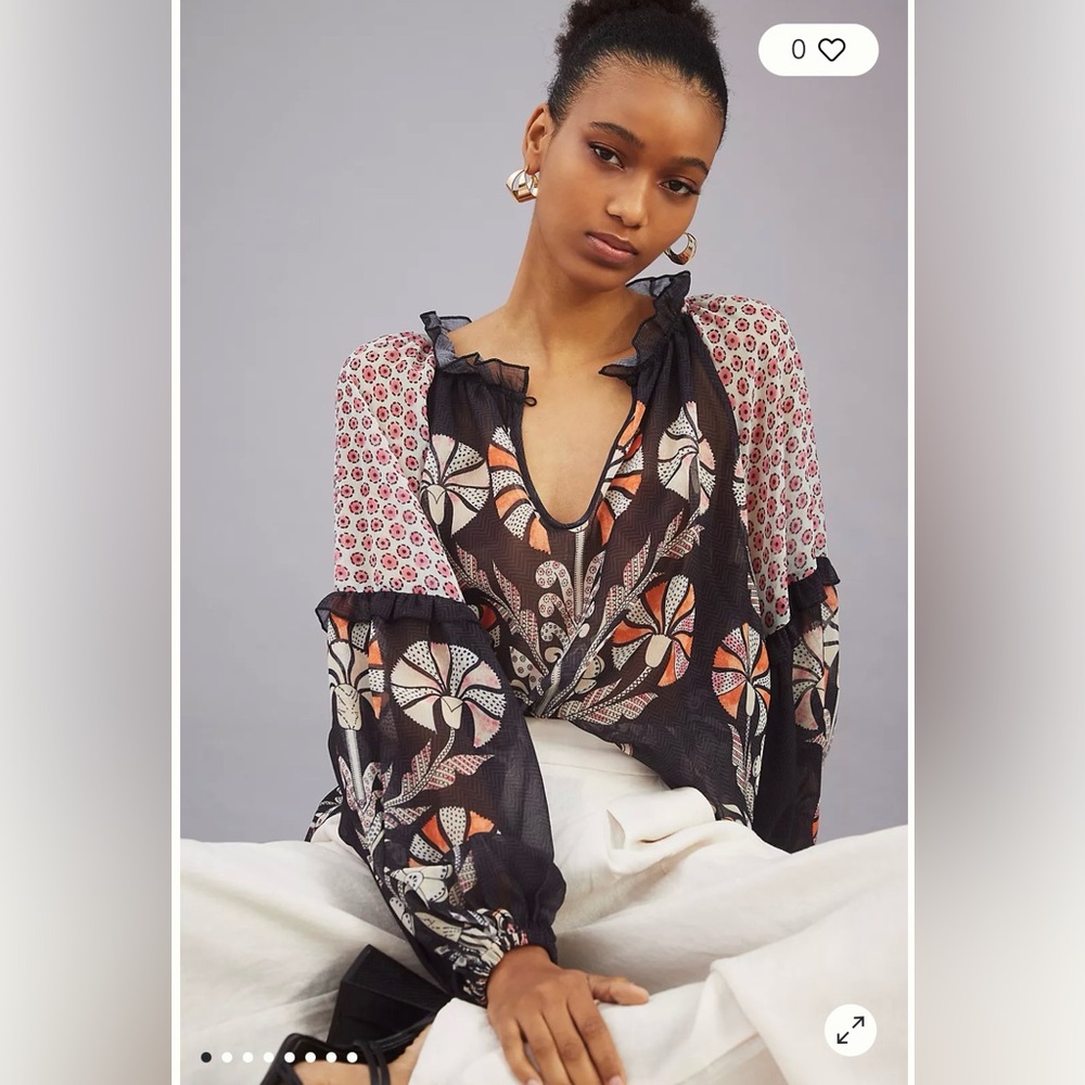 Anthropologie NWT Boho Sheer Mixed-Print Blouse — Black with Pink & Orange